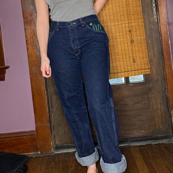 Dark Wash High Waisted Hand Painted Mom Jeans - Picture 2 of 6